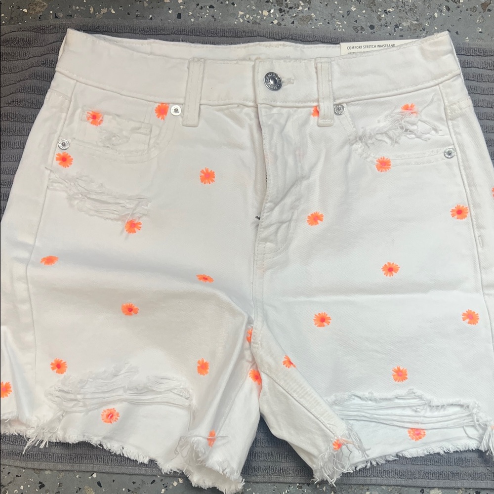 American Eagle White Jean Shorts with Neon Orange Accents